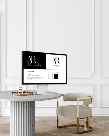 identité visuelle personnalisée présentée sur un ordinateur dans un salon chic