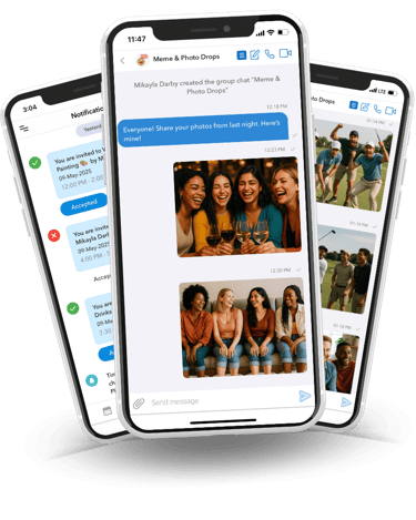 three mobile phones with screenshots of sameteam app. Has chats, photo sharing, invites, RSVPs.