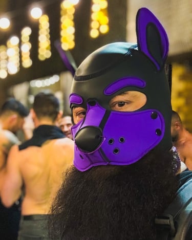 Bearded man in a purple pup mask.