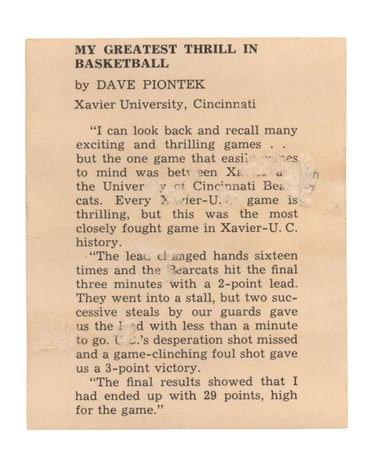 1958-59 Kahn's Wieners Basketball Card Dave Piontek (back)
