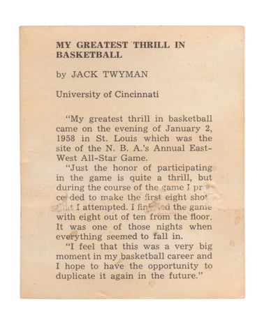 1958-59 Kahn's Wieners Basketball Card Jack Twyman (back)