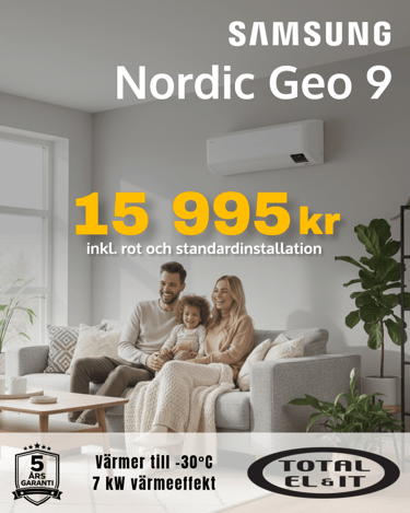 Samsung Nordic Geo 9 air source heat pump installed in a living room with a happy family on a sofa.