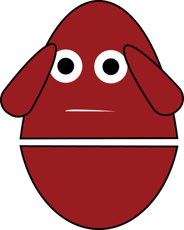 A red egg-shaped character graphic with wide white eyes and a neutral expression.