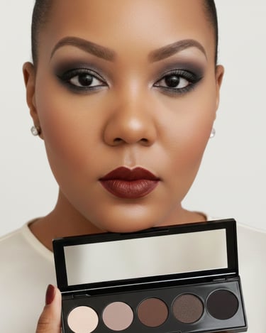 A woman with smokey eye makeup and bold red lipstick holding a neutral eyeshadow palette.