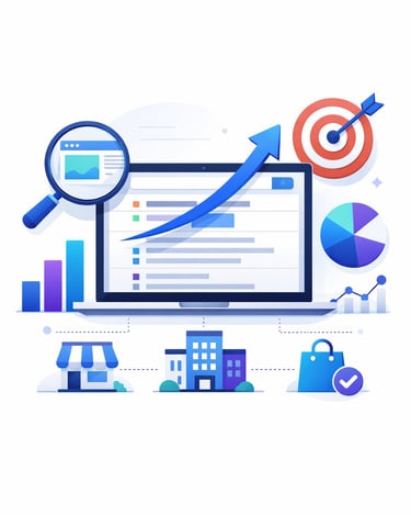 Digital marketing dashboard showing business growth with data charts, a target, and a laptop.