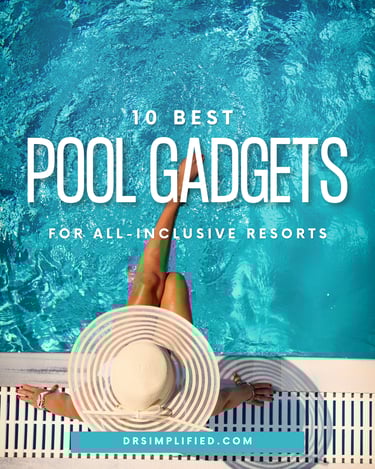 Woman relaxing by a resort pool wearing a sun hat, promoting 10 best pool gadgets for all-inclusive resorts