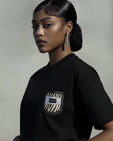 A stylish woman in a black YESHUA streetwear t-shirt with a braided hairstyle and diamond earrings.