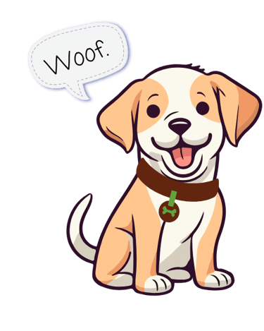 The Julia's Pet Pal dog with a red collar sitting down with a speech bubble that says 'Woof!"