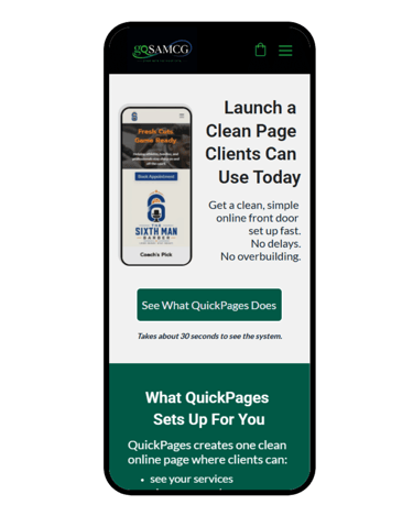 QuickPages by SAMCG — clean booking page for service providers.