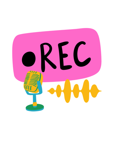 A video localisation podcast recording icon with a retro microphone, audio waveform & REC indicator.