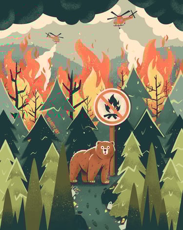 digital illustration of a bear in the woods with a sign that says no fire