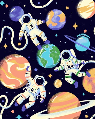 a group of astronauts in outer space, digital illustration