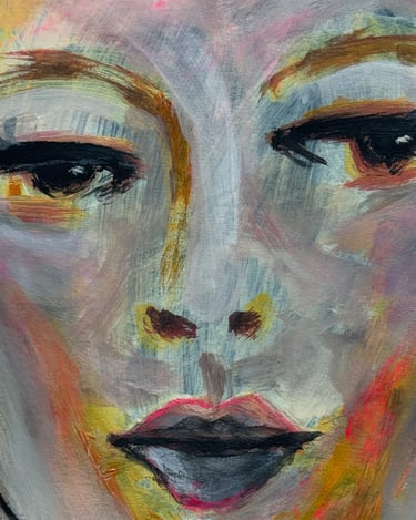 a painting of a woman's face with a yellow and black background
