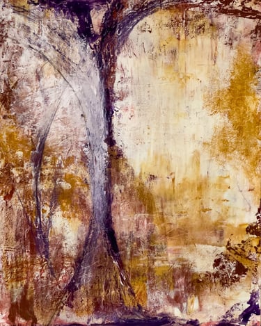 Abstract expressionist painting featuring a purple tree silhouette against textured gold and white brushstrokes.