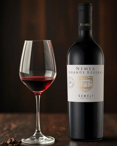 Flasche Semeli Nemea Grande Reserve Rotwein mit eingeschenktem Glas