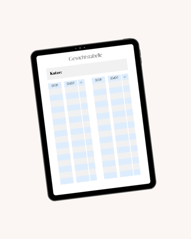 ein Tablet mit der Abbildung einer Gewichtstabelle zur akuten Überwachung von Kitten