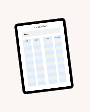 ein Tablet mit der Abbildung einer Gewichtstabelle zur täglichen Überwachung von Kitten