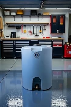 A vertical emergency water storage tank standing in a clean, organized garage workshop with tool cabinets.