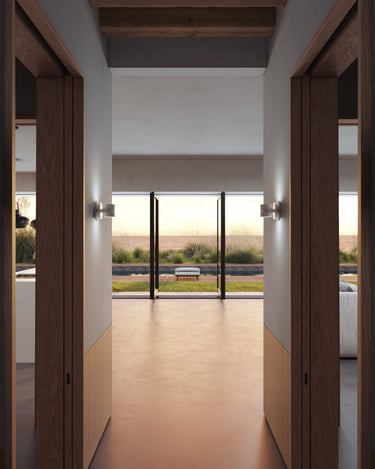 3D rendering of modern hallway with glass doors, natural light, elegant wooden features, and green outdoor view.