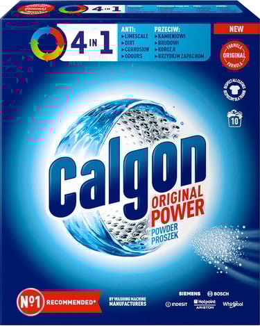 Calgon Original Power 4-in-1 washing machine water softener powder box against limescale and odors.