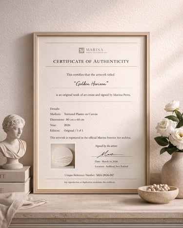 Framed Certificate of Authenticity for an original textured plaster artwork by Marina Interior Art, Auckland New Zealand
