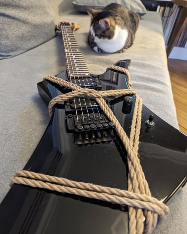 Guitare attachée façon shibari posée sur un canapé à côté du chat