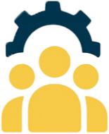 Ícono de gestión integral con engranaje y tres figuras humanas, simbolizando coordinación y equipo.