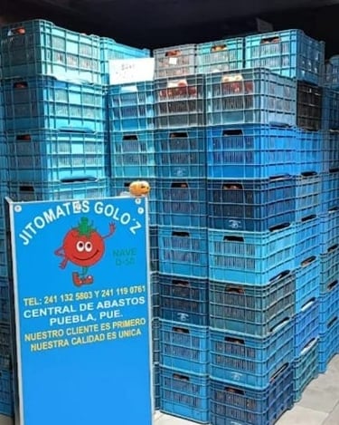 Cajas de jitomates de invernadero en la Central de Abastos de Puebla"