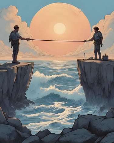 deux personnes de chaque coté d'un précipice liées par une corde