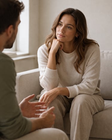 A woman listens intently during a professional counseling session or therapy meeting.