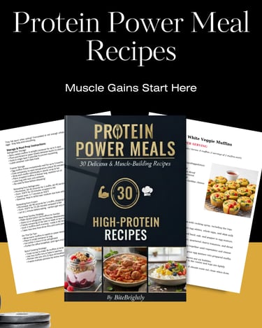 Protein Power Meals ebook cover featuring 30 high-protein recipes for muscle gains and healthy meal prep.