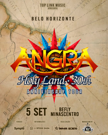 Cartaz do show "Holy Land 30t - Anniversary Tour" em BH da banda Angra reproduzindo a capa do album.