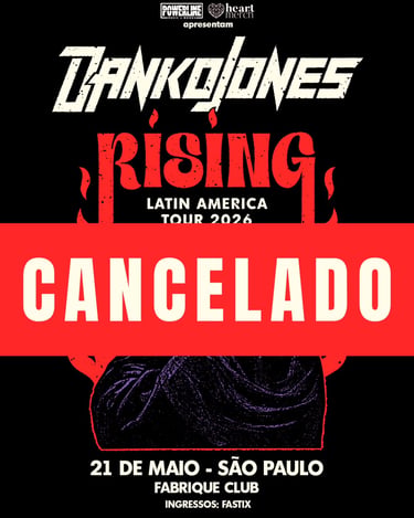 Imagem promocional da banda Danko Jones com os logos da Heart Merch e Powerline, com aviso CANCELADO