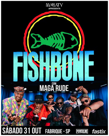 Foto promocional oficial da atual formação da banda Fishbone. No topo, o logotipo colorido da banda.