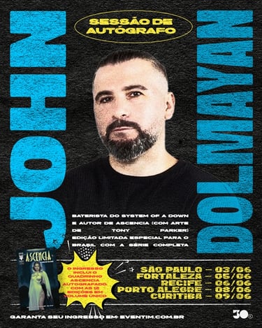 Arte de divulgação atualizada com o rosto de John Dolmayan e artes conceituais da HQ ASCENCIA