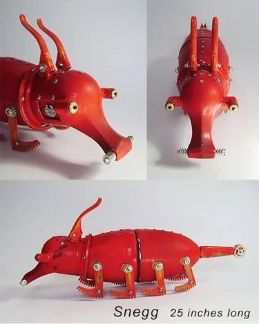 Sculpture of eight-legged creature made of found objects by assemblage artist Tal Avitzur.