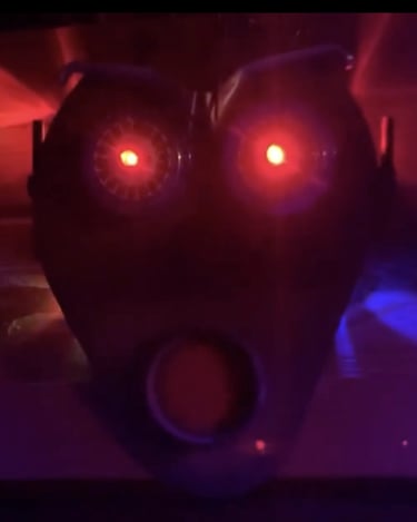 Talbotics mask lit up in upstate New York home.
