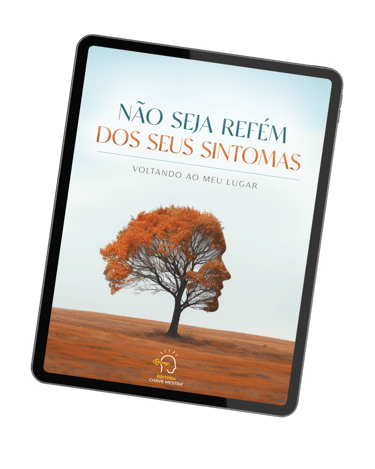 A digital tablet displaying an ebook cover titled Não Seja Refém Dos Seus Sintomas with a tree shaped like a human face.