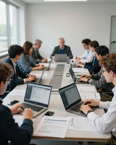 Wide-angle view of a research team around a conference table, laptops open showing dashboards, printed report pages spread across the table, natural window light from the left, no posed expressions