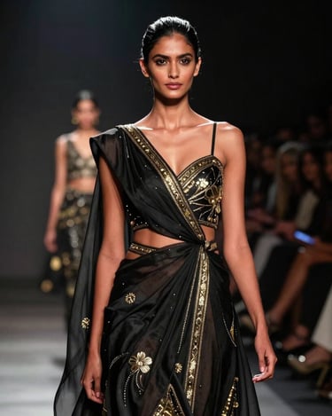 A sleek runway bathed in soft golden light with models poised in avant-garde black and white couture.