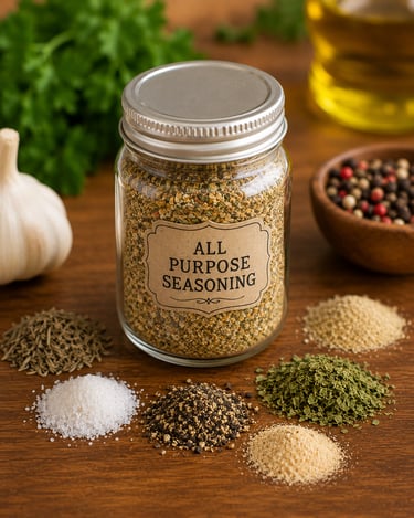 A glass jar of homemade all purpose seasoning surrounded by piles of salt, pepper, garlic, and dried herbs.