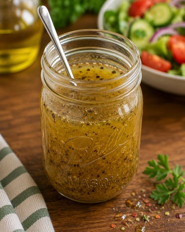 A glass mason jar filled with homemade Italian vinaigrette salad dressing and a metal spoon on a wooden table.
