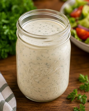Creamy homemade ranch dressing with fresh herbs in a glass mason jar on a wooden table.