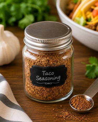 Homemade taco seasoning in a glass spice jar with a chalkboard label on a wooden table.