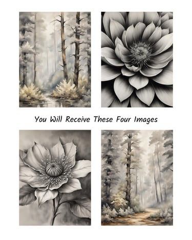 Set of four grayscale nature art prints featuring misty pine forests and detailed floral botanical illustrations.