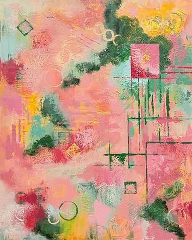 Textured abstract art in yellows, soft oranges, and muted pinks with tones of green