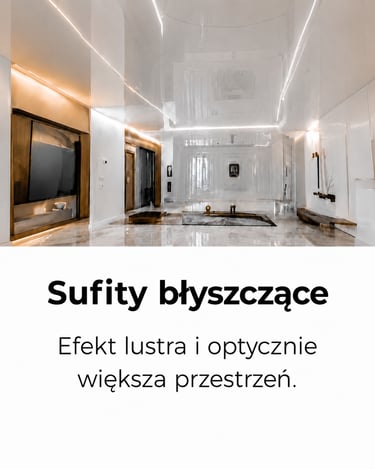 Modern white glossy stretch ceiling with mirror effect in a luxury living room interior.