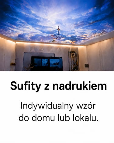 Custom printed stretch ceiling featuring a lighthouse and blue cloudy sky design in a modern living room.