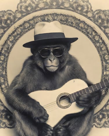 Monkey in sunglasses with a hat playing Guitar