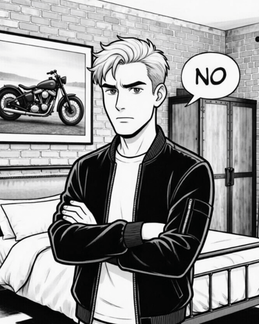 cartoon male in bedroom saying no in speech bubble